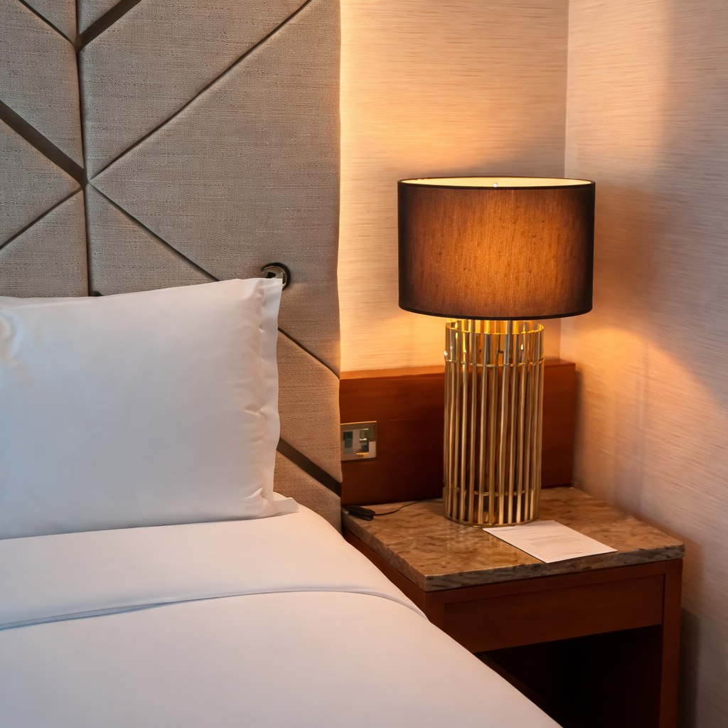 Bedroom scene with a bed, nightstand, and lamp.