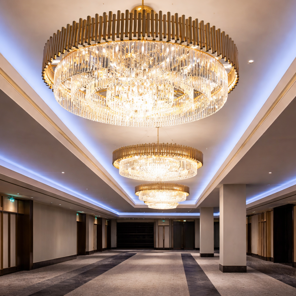 Luxurious chandelier in a grand hallway with high ceilings and large columns.