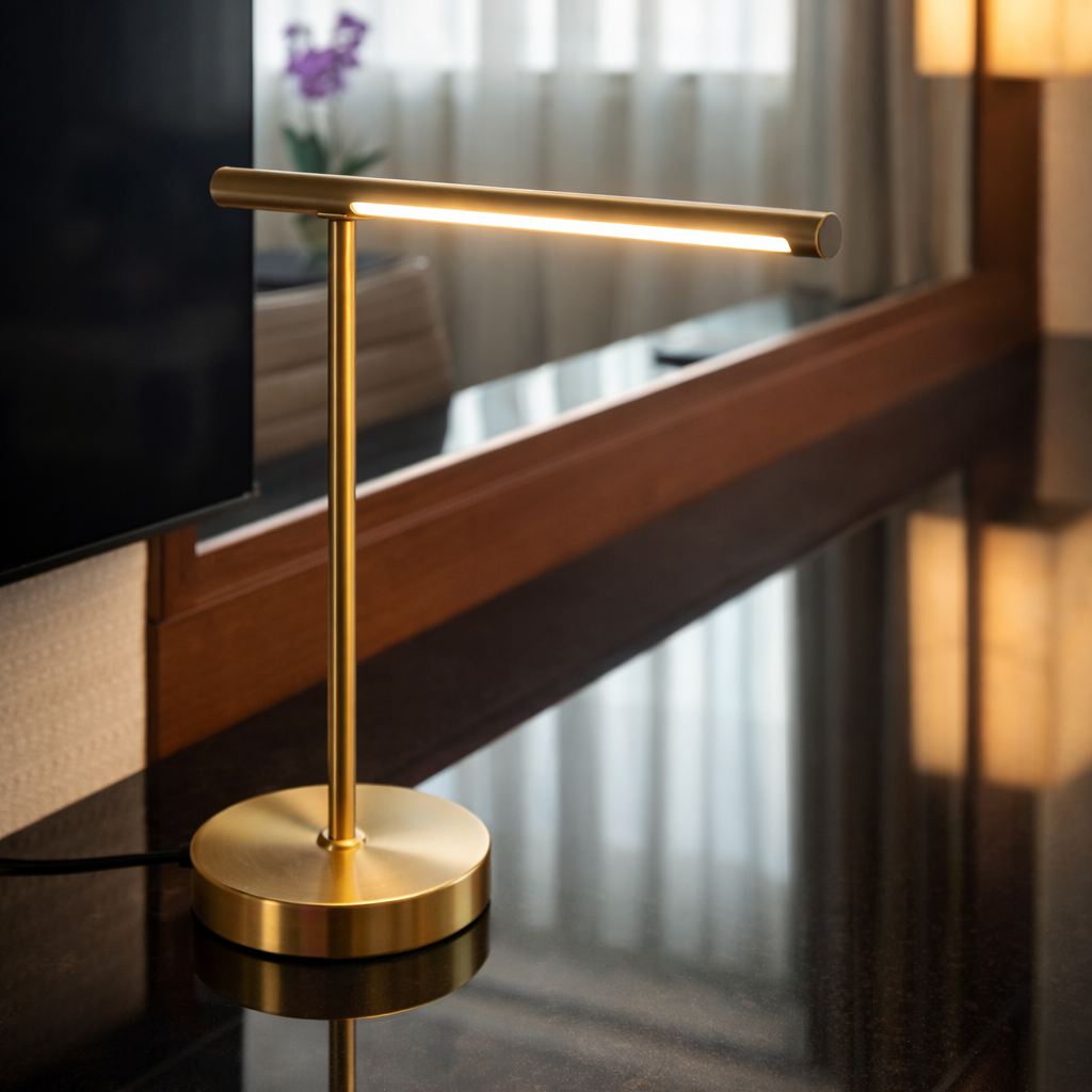 Gold desk lamp on a reflective surface with a blurred indoor background