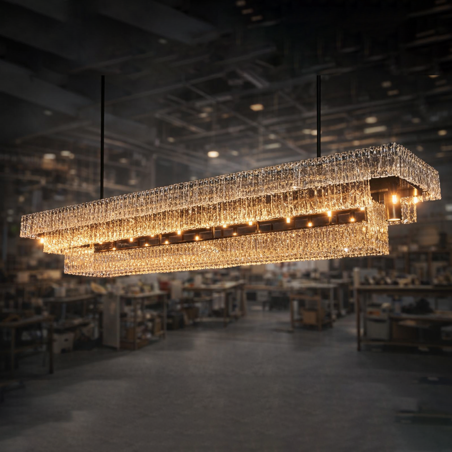 Large rectangular chandelier hanging in a warehouse setting