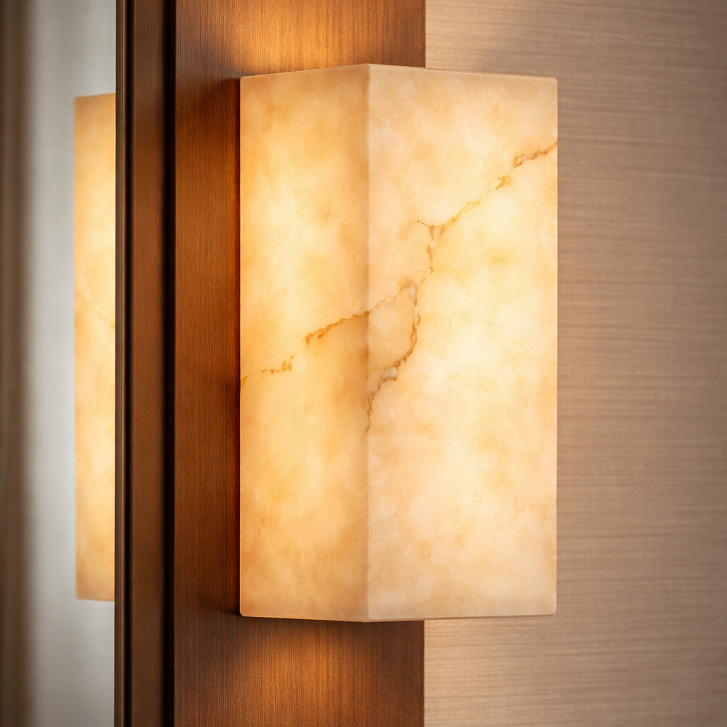 Square wall sconce with marble-like finish on a textured wall.